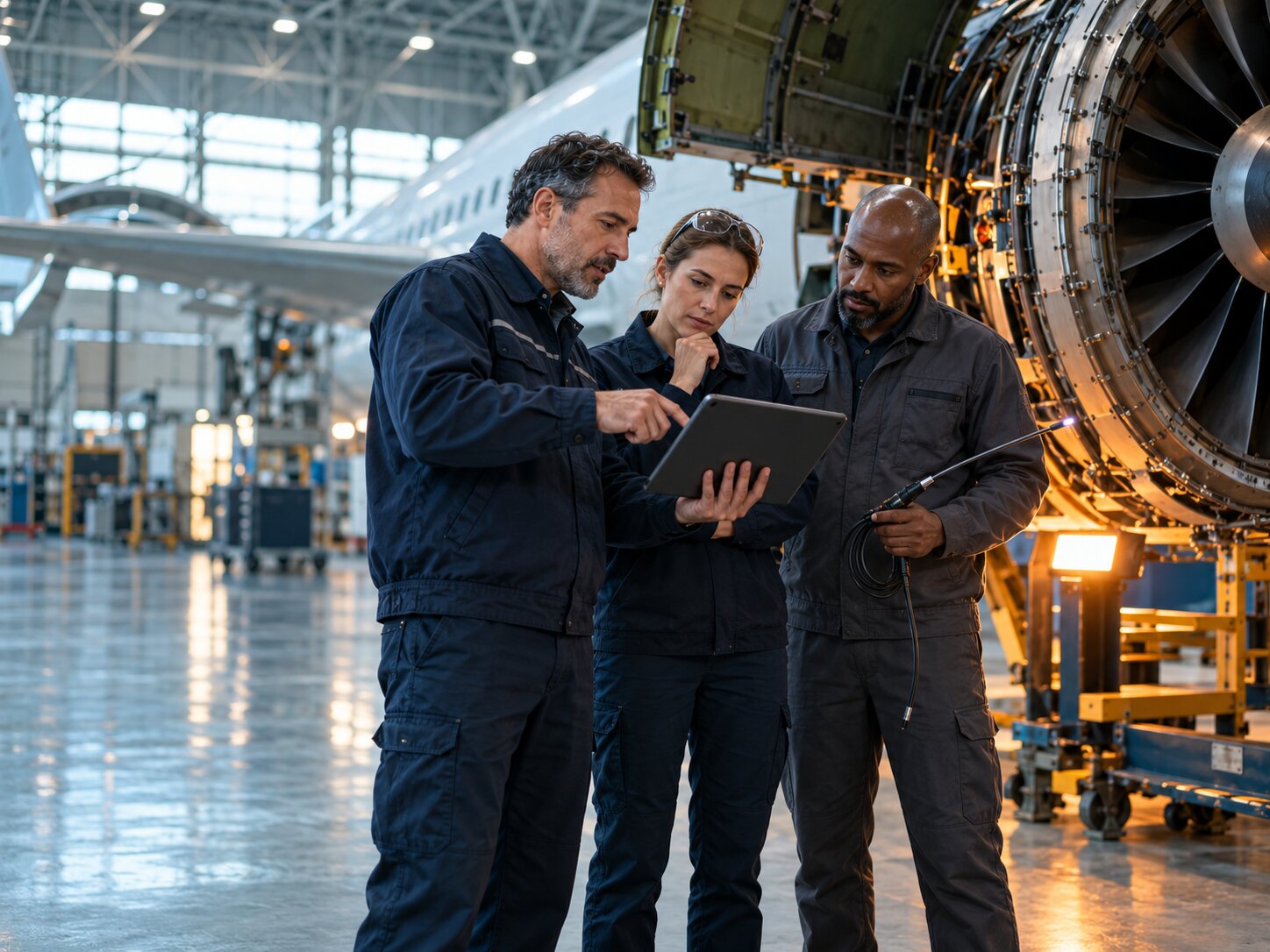 Engineers reviewing an engine inspection together in a hangar